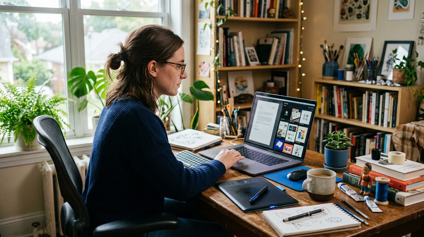 Freelancer reviewing an AI-drafted application pack on a laptop